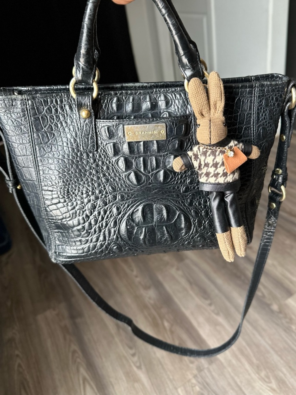 Brahmin Mini Arno Black Melbourne Croc-Embossed Leather Satchel